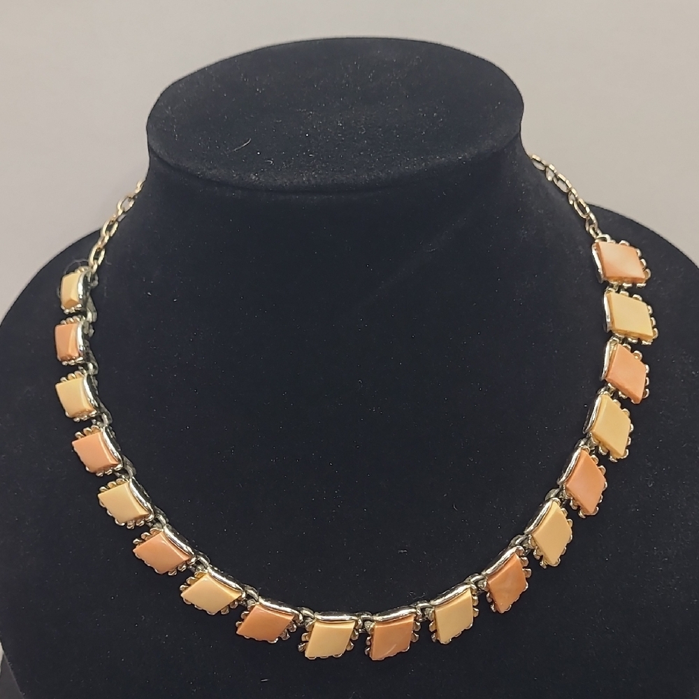 Vintage Charel thermoset necklace choker style with brown/orange square stones